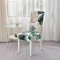 Housse de Chaise à feuillage tropical vert et doré sur fond blanc