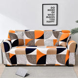 Housse de Canapé extensible motif géométrique orange, beige, brun, noir et blanc