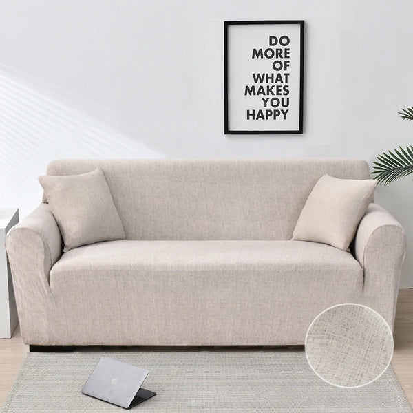 Housse de Canapé extensible beige clair uni avec texture lin