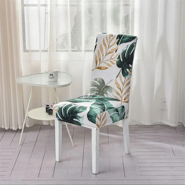 Housse de Chaise à feuillage tropical vert et doré sur fond blanc
