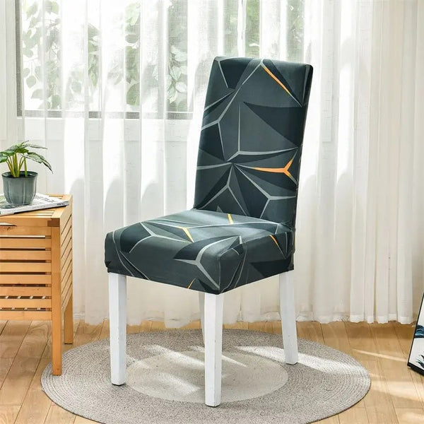 Housse de chaise noire aux motifs géométriques orange et gris